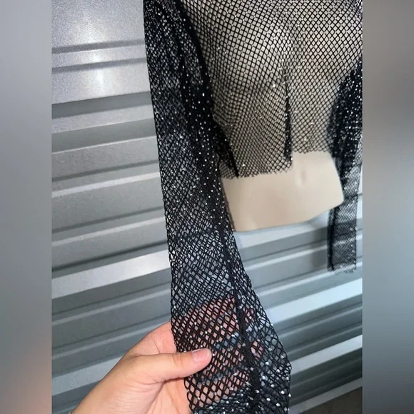 Mesh Black Sequin Long Sleeve Festival Top One Size - Picture 4 of 11